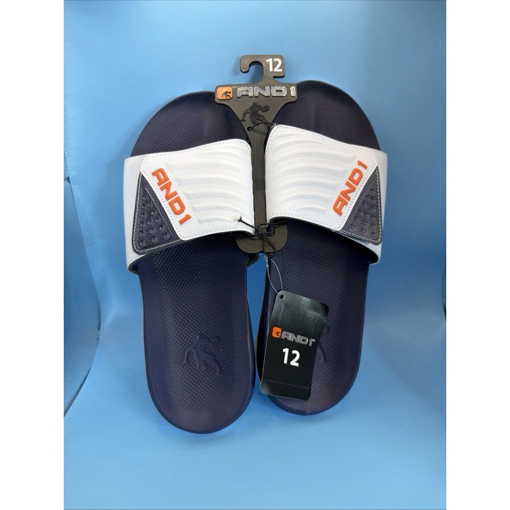 AND1 Mens Slides Sz 12 Blue White Orange Sandals Slip Ons Shoes NWT